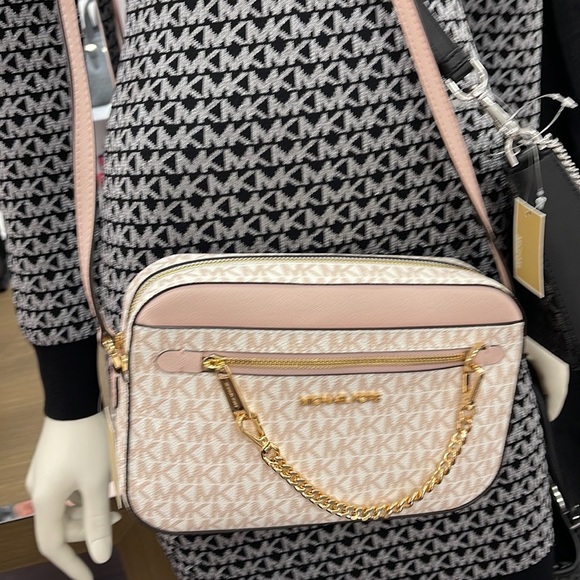 Michael Kors Jet Set Item Large East West Zip Chain Crossbody Optic White/Rs Gld - Picture 16 of 16